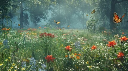 Wall Mural - A peaceful scene of a meadow filled with wildflowers and butterflies.