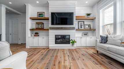Modern farmhouse living room in luxury home showcasing bamboo hardwood floors, white shiplap, a rustic fireplace, and built-in cabinetry with a sleek TV.