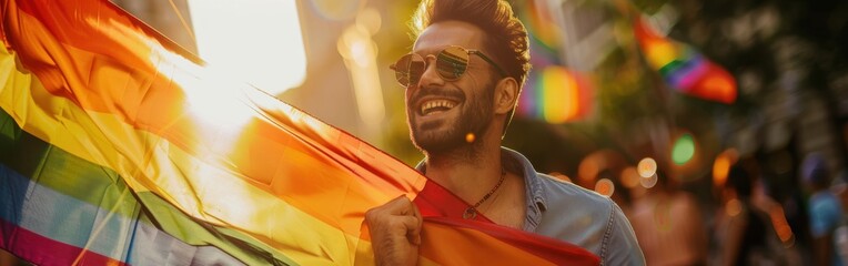 Poster - A man is holding a rainbow flag and smiling. The flag is colorful and vibrant, and the man's smile suggests that he is happy and proud to be holding it. Concept of joy and celebration