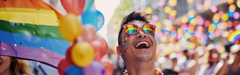 Poster - A man is holding a rainbow flag and smiling. Concept of joy and celebration, as the man is surrounded by a crowd of people, all of whom are also smiling and enjoying the moment