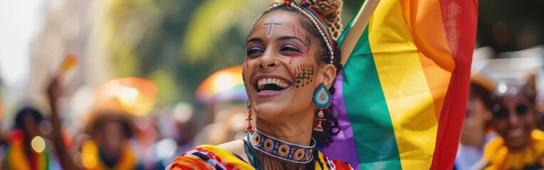 A woman is holding a rainbow flag and smiling. Concept of joy and celebration, as the woman is participating in a parade or a festival. The vibrant colors of the flag