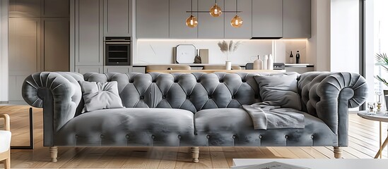 Wall Mural - Modern gray velvet sofa in a spacious open-concept living area with light wood floors and minimalist decor.
