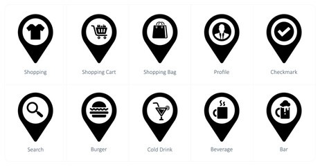 Sticker - A set of 10 Location Pointer icons as shopping, shopping cart, shopping bag