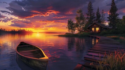 Poster - Illustrate a peaceful sunset at a lakeside cabin, with a wooden dock, a canoe tied up, and the sky reflecting shades of orange and purple on