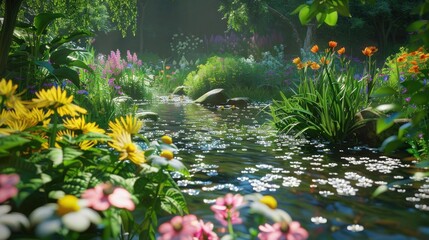 Wall Mural - A peaceful garden filled with blooming flowers and the sound of trickling water.