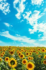 Wall Mural - Sunflowers in the field under a blue sky.