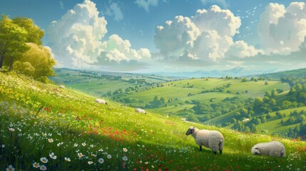 Wall Mural - A peaceful countryside scene with rolling hills and grazing sheep, bordered by wildflowers and fluffy clouds.