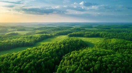 Aerial view of a lush green forest under a bright blue sky, showcasing the pristine beauty of Earth's ecosystem with a focus on the importance of ozone protection for a healthy environment