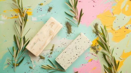 Wall Mural - Massage soap bars and olive branches displayed on a colorful background