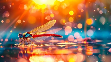 Dragonfly on water with sun rays and reflections.
