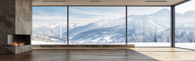 Wall Mural - A large, empty room with a fireplace and a large window overlooking a snowy mountain. The room is very spacious and has a modern, minimalist design