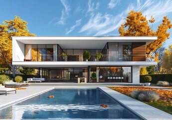 3D rendering of a modern house with a terrace and swimming pool in autumn against a blue sky background