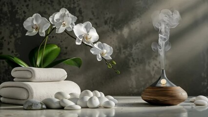 Wall Mural - Orchid flowers and candle with towel in spa setting, creating a peaceful atmosphere. Concept: relaxation and wellness. Suitable for spas, beauty salons. Ideal for promoting spa treatments, wellness 