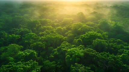 Lush green forest bathed in the warm glow of sunlight filtering through a healthy ozone layer, emphasizing the importance of ozone for a thriving ecosystem.