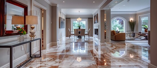 Wall Mural - The foyer of a suburban home with marble flooring and a large mirror. To the left, an open entry to a contemporary dining room with a glass table and 