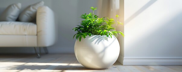 Wall Mural - Modern white ceramic planter with green indoor plant in a sunlit corner of a minimalist apartment.