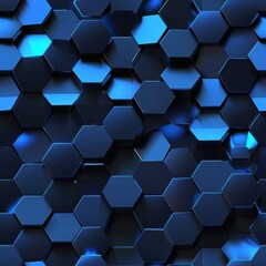 Fototapete - This is a digital illustration of a repeating pattern of blue hexagons. The hexagons are arranged in a staggered pattern, creating a three-dimensional effect. The image has a dark and cool color schem