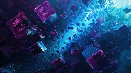 Poster - A blue and purple cityscape with many cubes. The cubes are of different sizes and are scattered throughout the image. Scene is one of a futuristic, technological city