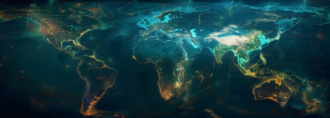 Wall Mural - 1. Imagine a striking 3D visualization of a luminous world map intricately detailed with glowing network connections, set against a deep, dark background that enhances the vibrant blue and green hues