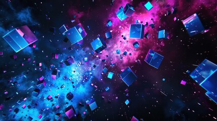 Poster - A colorful space with many blue and pink cubes. The cubes are scattered all over the image, creating a sense of chaos and disarray