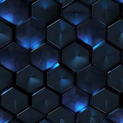 Fototapete - A close-up of an abstract pattern featuring blue and black hexagons, creating a dynamic and geometric visual. The hexagons are rendered in a three-dimensional style, with a slight sheen and depth to e