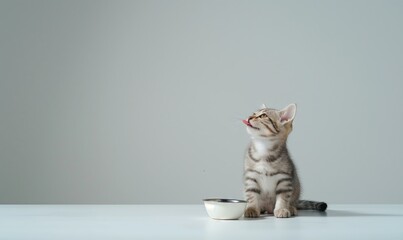 Sticker - Cymric cat sitting at the edge of the photo on the ground, licking his lips and looking up, minimalist style in front of him there is a cat bowl