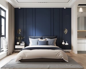 Wall Mural - Navy blue accent wall in a modern bedroom, minimalist decor, bold color, contemporary home, stylish design, chic interior, elegant setting, vibrant ambiance.