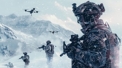 A soldier in camouflage gear, with a rifle in hand, stands in a snowy mountain range. There are two drones flying overhead, providing aerial support. The soldier is part of a military operation taking