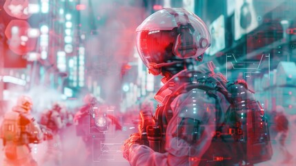 This digital art image depicts a futuristic soldier standing in a neon-lit city at night. The soldier is wearing a helmet and futuristic gear, and is surrounded by other figures in the background. The