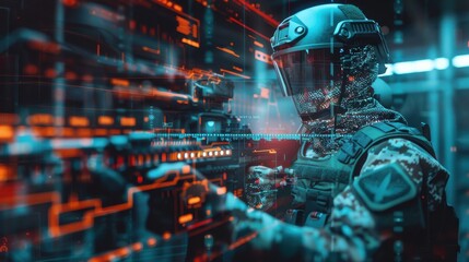 A soldier wearing a helmet and camouflage gear is shown holding a weapon in front of a futuristic, digital interface. The soldiers face is obscured by the helmet, and the background is a blur of color