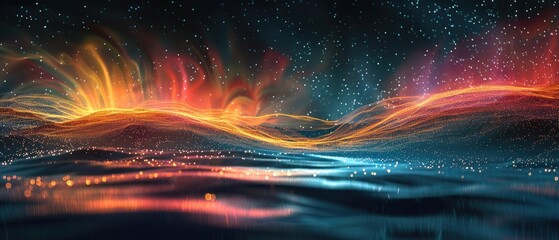 Wall Mural - Abstract fantasy landscape with colorful aurora borealis over a lake.