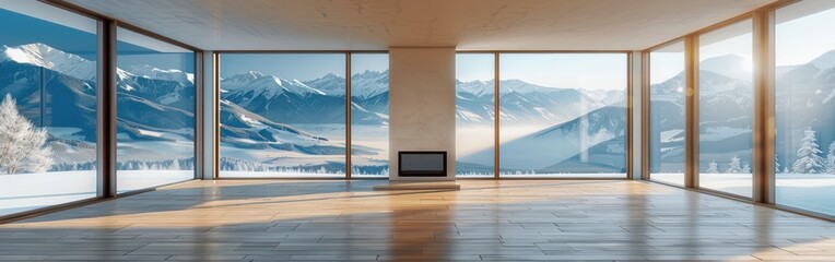 Wall Mural - A large room with a fireplace and a view of mountains. The room is empty and the fireplace is not lit