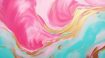 Wall Mural - Closeup of abstract rough pink turquoise gold art painting texture, with oil acrylic brushstroke, pallet knife paint on canvas, waving waves swirls illustration background, Generative AI