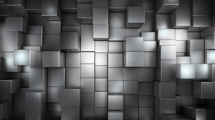 Wall Mural - Abstract geometric metallic silver 3d texture wall with squares and square cubes background banner illustration with glowing lights, textured metal wallpaper, Generative AI