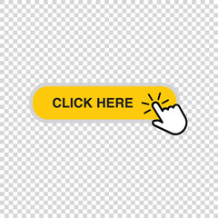 Realistic yellow clickable button with a black and white icon on transparent background