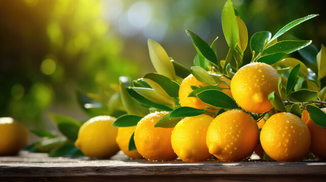 Harvest Food fruits photography background - Closeup of fresh ripe lemons with leaves, on wooden table, with blurred landscape of an lemon plantation, Generative AI