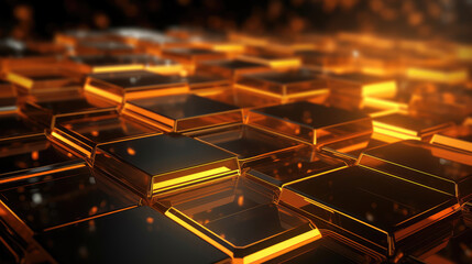 Wall Mural - Black abstract futuristic digital geometric technology hexagon background banner illustration - Golden glowing hexagonal 3d shape texture, Generative AI