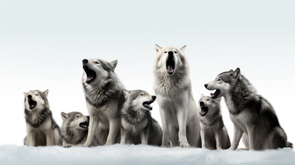 Sticker - Wildlife animals wolves banner panorama long - Collection of standing, sitting, howling, lying group of wolf family with young baby, isolated on white background, Generative AI