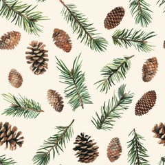 Leinwandbilder - This image is a seamless pattern of watercolor pine branches and cones on a cream background. The pattern features multiple pine branches in various positions, along with brown cones of different size