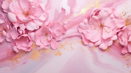 Wall Mural - Abstract marble marbled stone ink liquid fluid painted painting texture luxury background banner - Pink petals, blossom flower swirls gold painted lines illustration, Generative AI