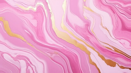 Wall Mural - Abstract marble marbled stone ink liquid fluid painted painting texture luxury background banner - Pink swirls gold painted splashes illustration, Generative AI