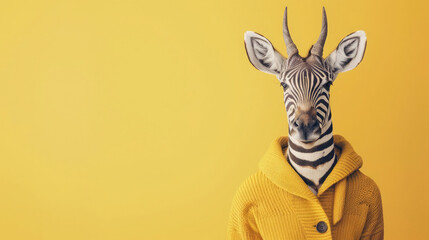 Vintage-style graphic concept with animals like a zebra and deer in clothing on a yellow backdrop, providing retro charm and ample copy space.