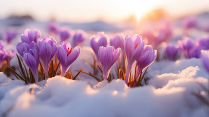 Wall Mural - Spring awakening background - Closeup of blooming purple crocuses in snow, illuminated by the morning sun, Generative AI