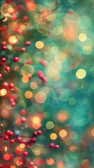 Sticker - This image features a close-up of red berries on a branch, with a blurred background of bright, colorful lights. The background is predominantly a soft green color, creating a festive and celebratory 
