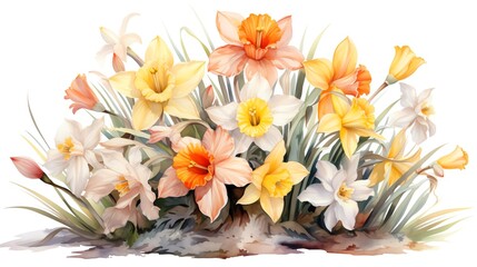 Watercolor painting of a bouquet of daffodils in various shades of yellow and white.
