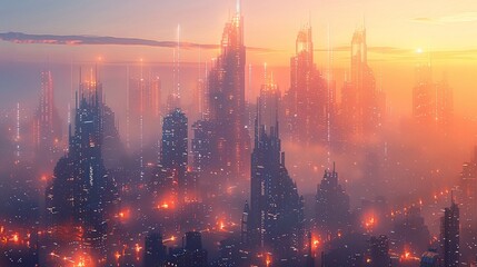 Wall Mural - a futuristic city skyline during twilight, skyscrapers reaching into the gradient sky as the city comes alive with evening lights