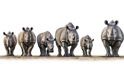 Wall Mural - Wildlife zoo safari africa rhinos animals banner panorama long -Collection standing, sitting, lying group rhino (rhinoceros unicornis) family, young baby, isolated on white background, Generative AI