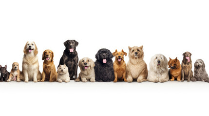 Wall Mural - Animals pet dog banner panorama long - Collection set of the most popular favorites pets dogs, isolated on white background, Generative AI