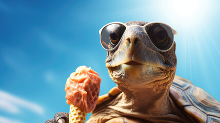 Wall Mural - Funny animal summer holiday vacation photography banner - Closeup of turtle with sunglasses, eating ice cream in cone, blue sky with sunshine in background, Generative AI