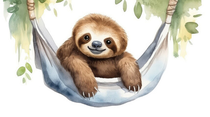 Wall Mural - Cute funny wildlife animal illustration - Watercolor painting of cute relaxing sloth in hammock, design for logo or t shirt, isolated on white background, Generative AI